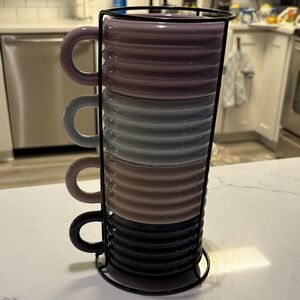 Stylish Ceramic Mug Set with Stand - Pink, Gray, Black